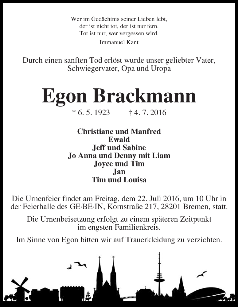 Traueranzeige von Egon Brackmann von WESER-KURIER