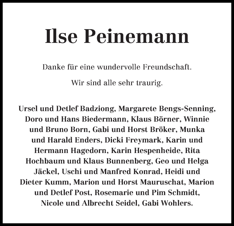 Traueranzeige von Ilse Peinemann von WESER-KURIER