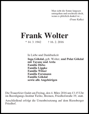 Traueranzeige von Frank Wolter