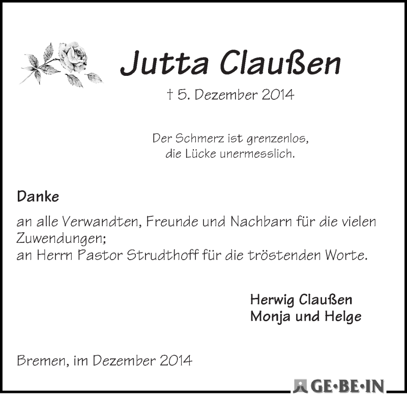 Traueranzeige von Jutta Claußen von WESER-KURIER