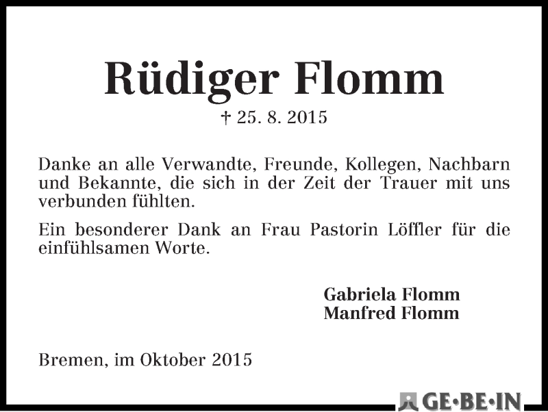 Traueranzeige von Rüdiger Flomm von WESER-KURIER