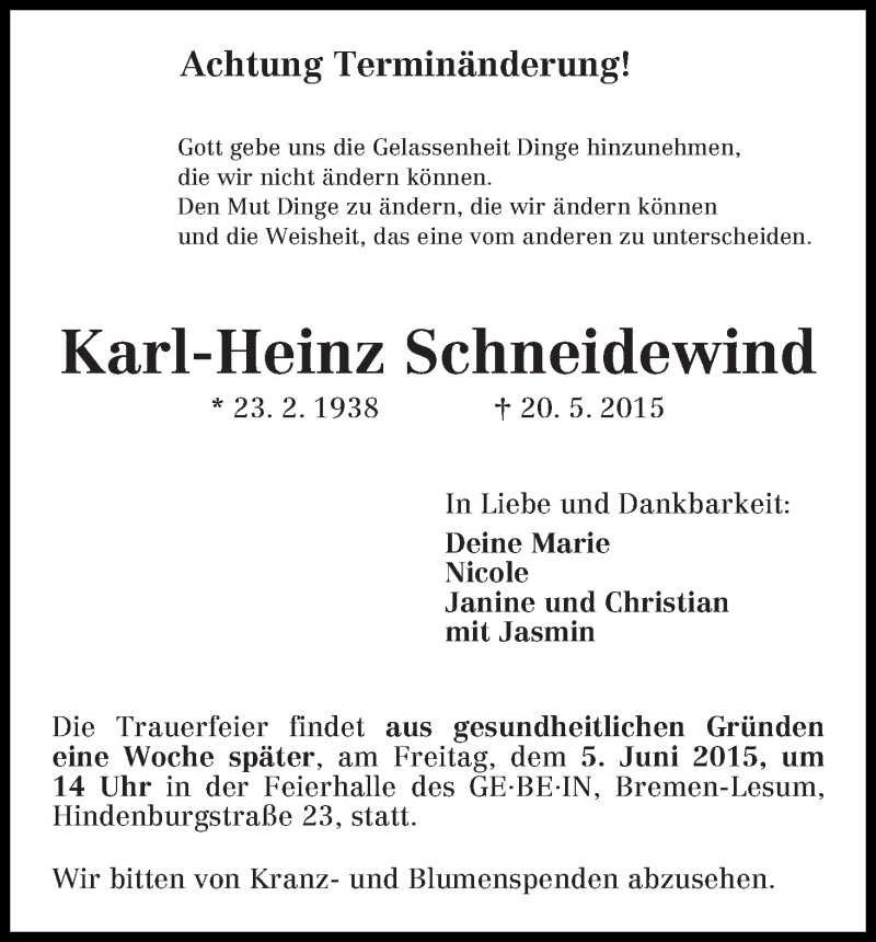 Traueranzeige von Karl-Heinz Schneidewind von Die Norddeutsche