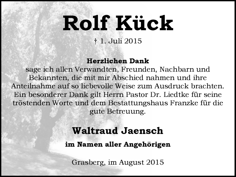 Traueranzeige von Rolf Kück von Wuemme Zeitung
