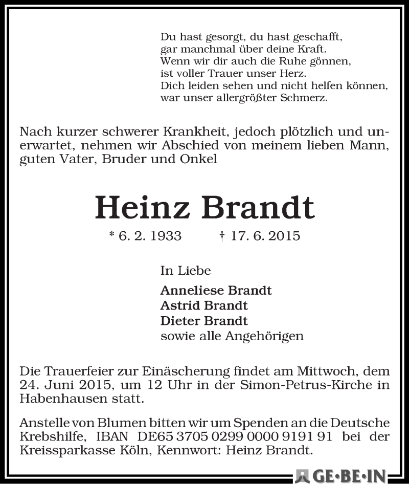 Traueranzeige von Heinz Brandt von WESER-KURIER