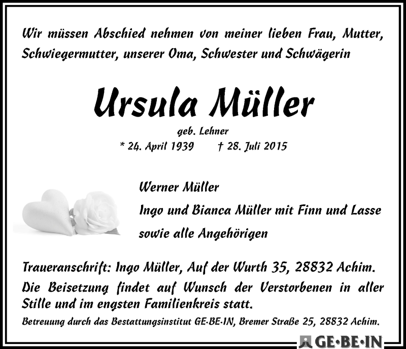 Traueranzeige von Ursula Müller von Achimer Kurier/Verdener Nachrichten