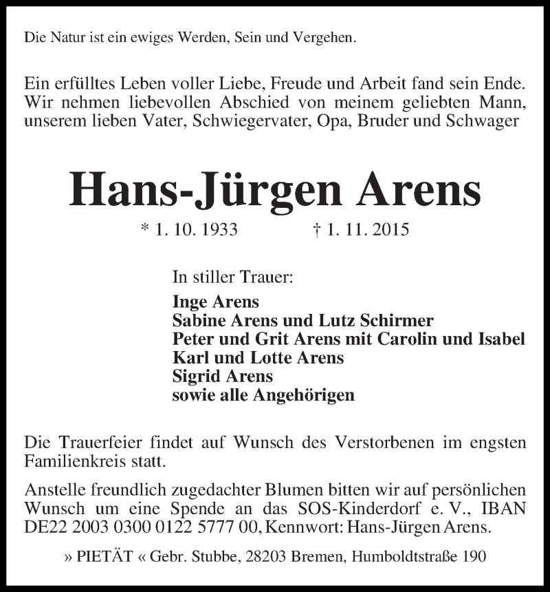 Traueranzeige von Hans-Jürgen Arens von WESER-KURIER