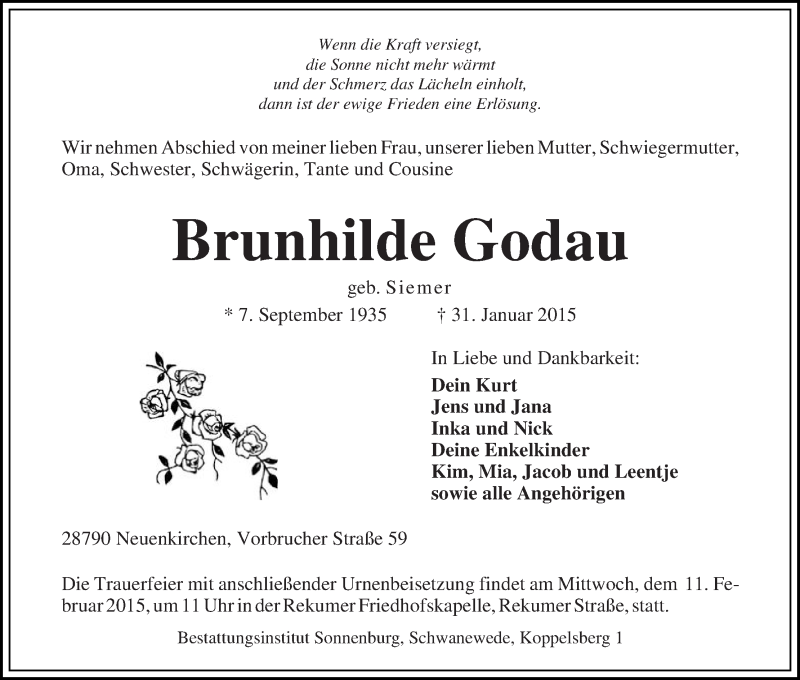 Traueranzeige von Brunhilde Godau von Die Norddeutsche