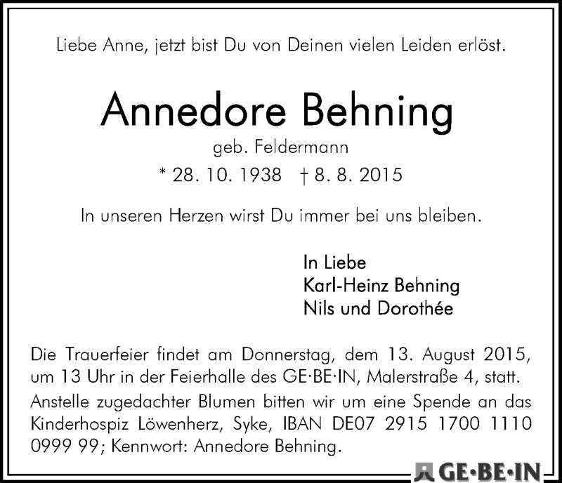 Traueranzeige von Annedore Behning von WESER-KURIER