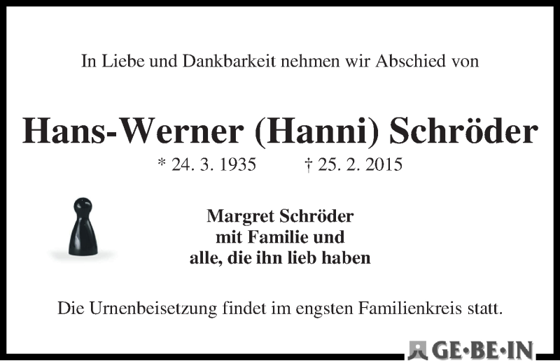 Traueranzeige von Hans-Werner (Hanni) Schröder von WESER-KURIER