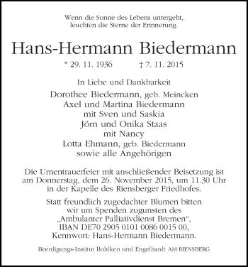 Traueranzeige von Hans-Hermann Biedermann