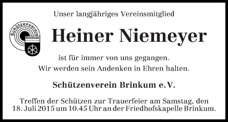  Traueranzeige für Heiner Niemeyer vom 14.07.2015 aus Regionale Rundschau/Syker Kurier