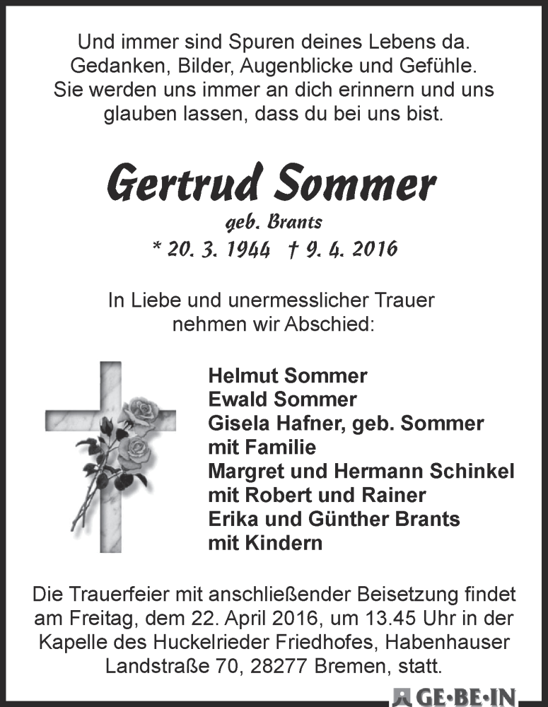 Traueranzeige von Gertrud Sommer von WESER-KURIER