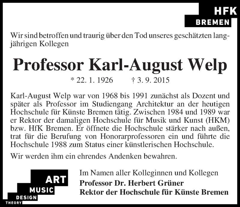 Traueranzeige von Karl-August Welp von WESER-KURIER