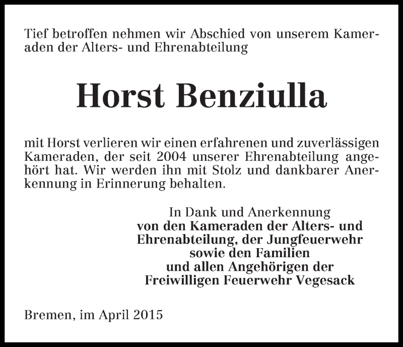 Traueranzeige von Horst Benziulla von Die Norddeutsche