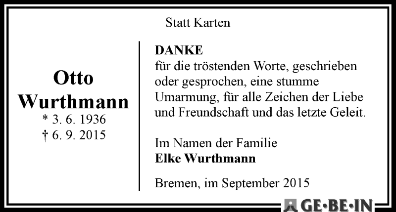 Traueranzeige von Otto Wurthmann von WESER-KURIER