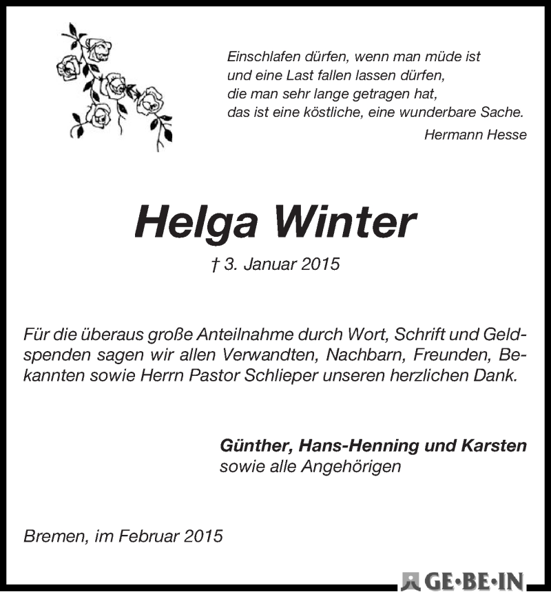 Traueranzeige von Helga Winter von WESER-KURIER