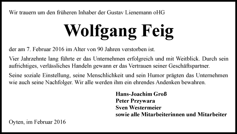 Traueranzeige von Wolfgang Feig von WESER-KURIER