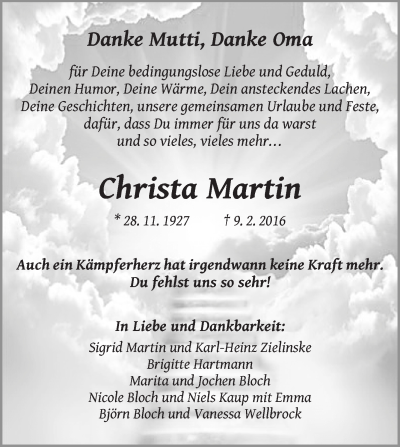  Traueranzeige für Christa Martin vom 23.02.2016 aus Die Norddeutsche