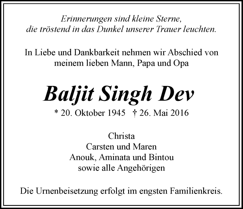 Traueranzeige von Baljit Singh Dev von WESER-KURIER