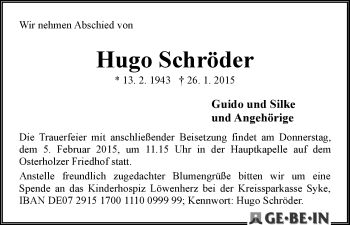 Traueranzeige von Hugo Schröder