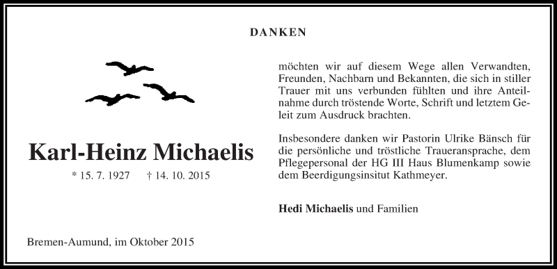 Traueranzeige von Karl-Heinz Michaelis von Die Norddeutsche