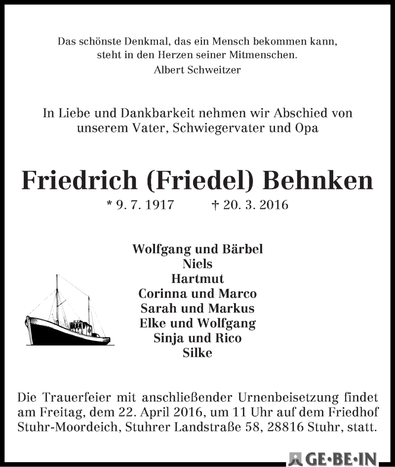 Traueranzeige von Friedrich (Friedel) Behnken von WESER-KURIER