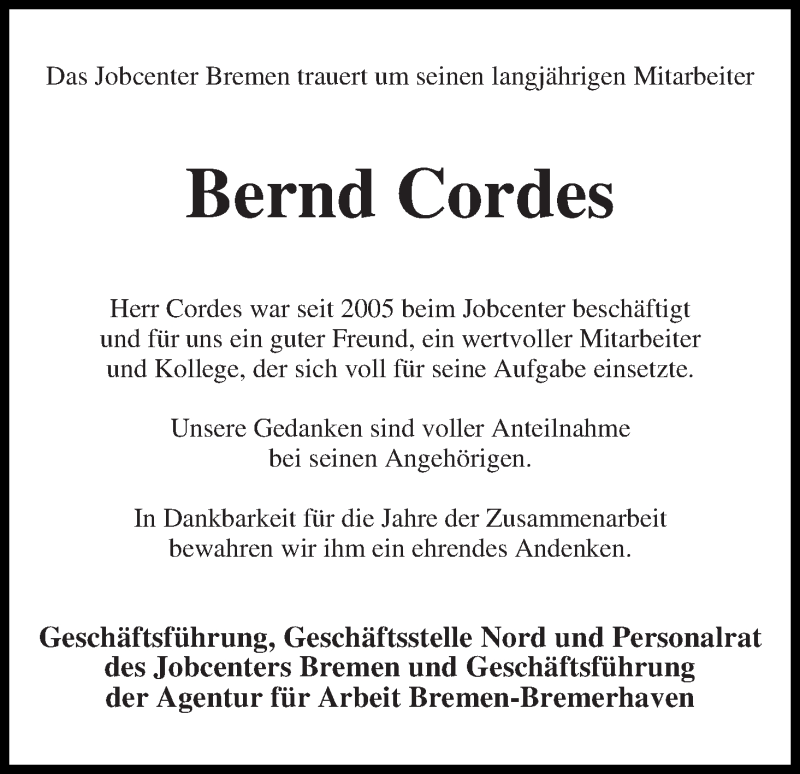  Traueranzeige für Bernd Cordes vom 13.07.2016 aus WESER-KURIER