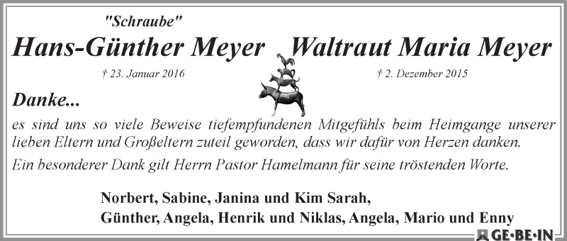 Traueranzeige von Hans-Günther und Waltraud Marie Meyer von WESER-KURIER