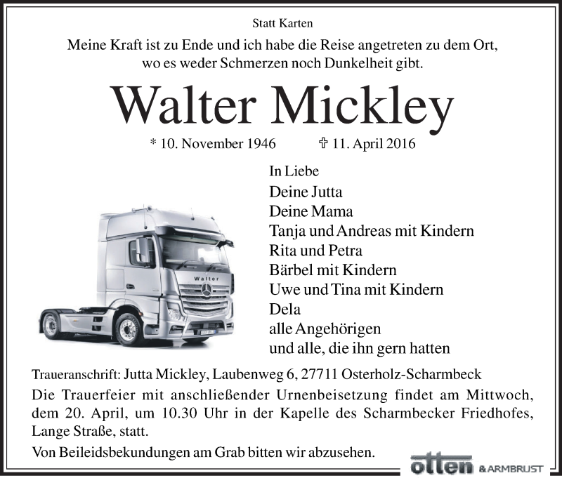 Traueranzeige von Walter Mickley von Osterholzer Kreisblatt