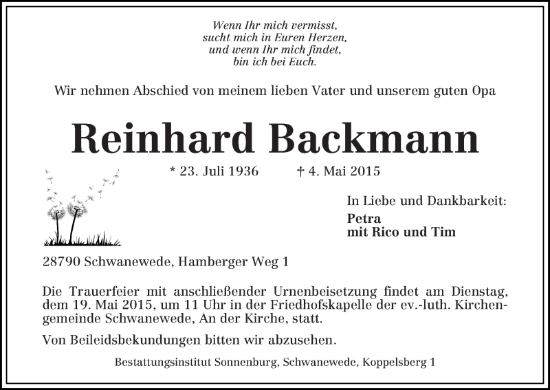 Traueranzeige von Reinhard Backmann von Die Norddeutsche