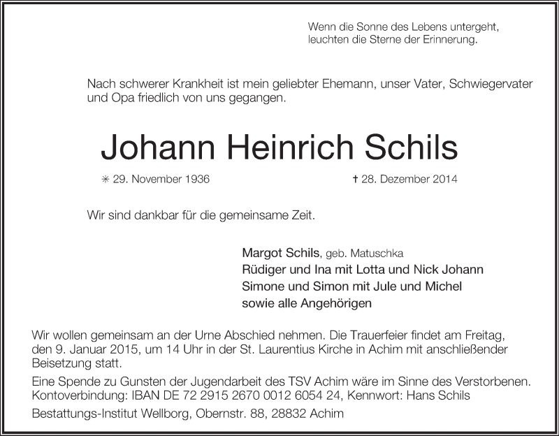 Traueranzeige von Johann Heinrich Schils von Achimer Kurier/Verdener Nachrichten