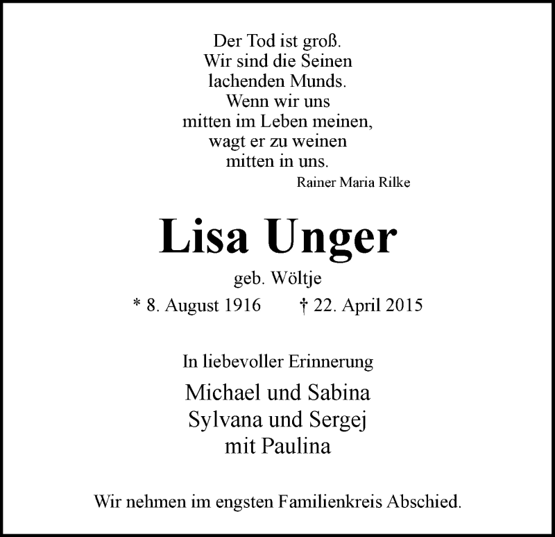Traueranzeige von Lisa Unger von WESER-KURIER