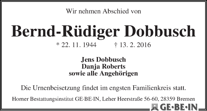 Traueranzeige von Bernd-Rüdiger Dobbusch von WESER-KURIER