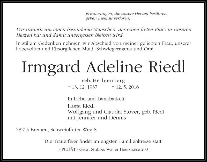 Traueranzeige von Irmgard Adeline Riedl von WESER-KURIER