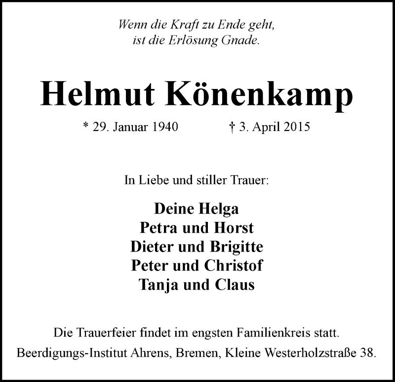 Traueranzeige von Helmut Könenkamp von WESER-KURIER