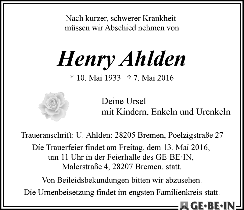 Traueranzeige von Henry Ahlden von WESER-KURIER