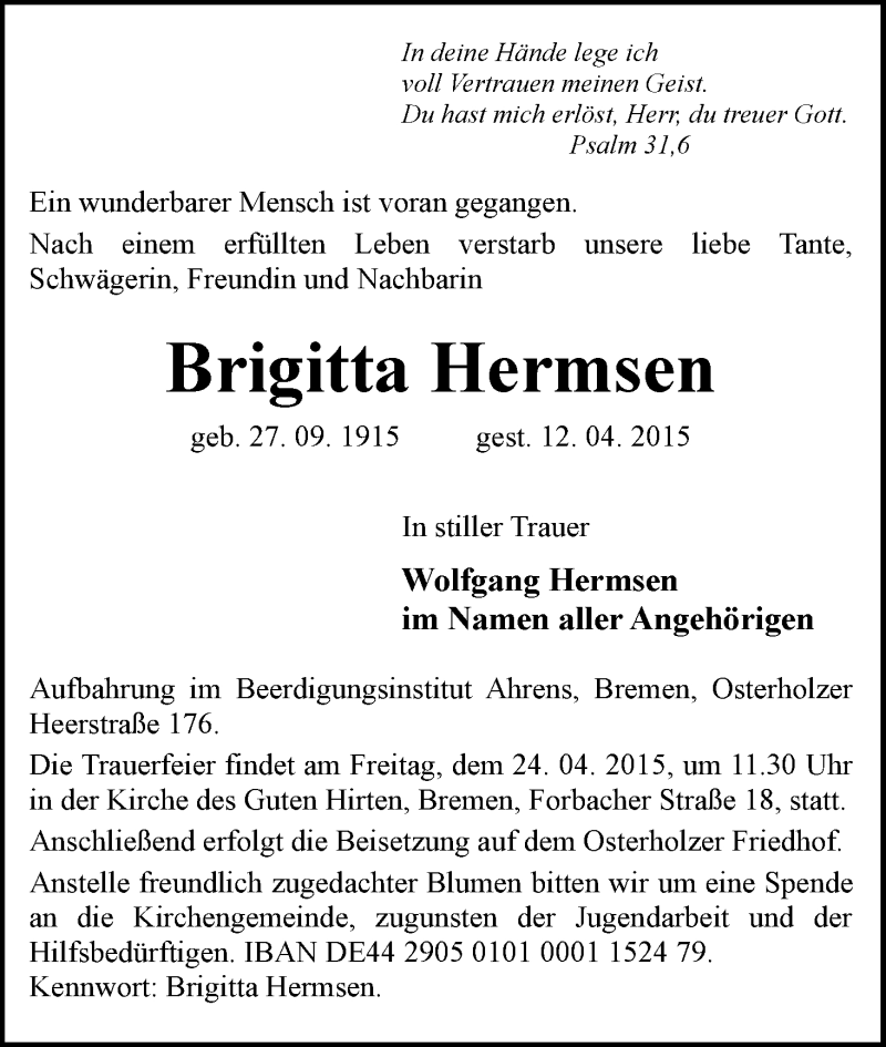 Traueranzeige von Brigitta Hermsen von WESER-KURIER