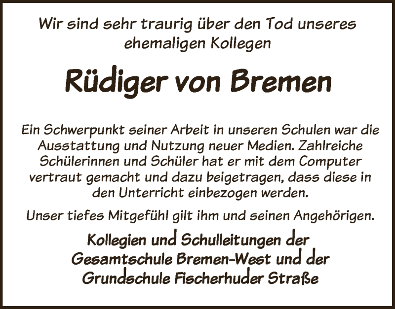  Traueranzeige für Rüdiger von Bremen vom 06.07.2016 aus WESER-KURIER
