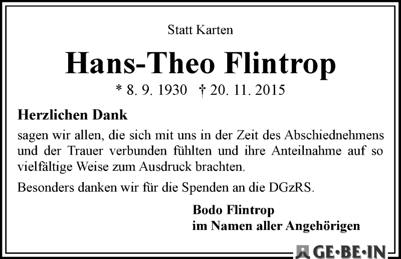 Traueranzeige von Hans-Theo Flintrop von WESER-KURIER