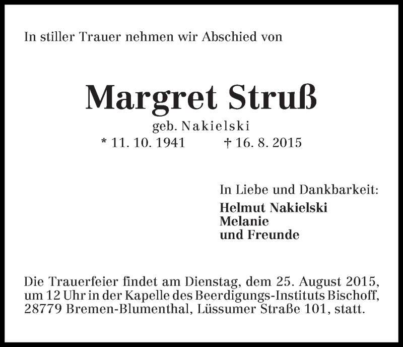 Traueranzeige von Margret Struß von Die Norddeutsche
