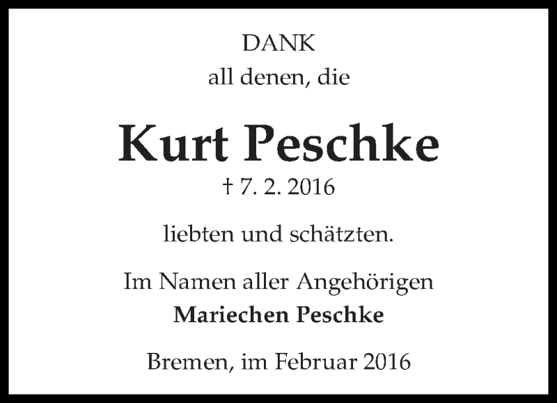 Traueranzeige von Kurt Peschke von WESER-KURIER