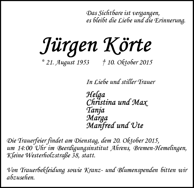  Traueranzeige für Jürgen Körte vom 16.10.2015 aus WESER-KURIER