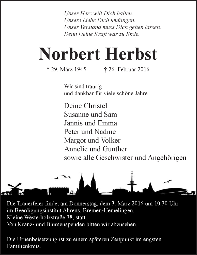 Traueranzeige von Norbert Herbst von WESER-KURIER