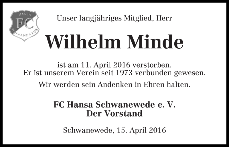 Traueranzeige von Wilhelm Minde von Die Norddeutsche