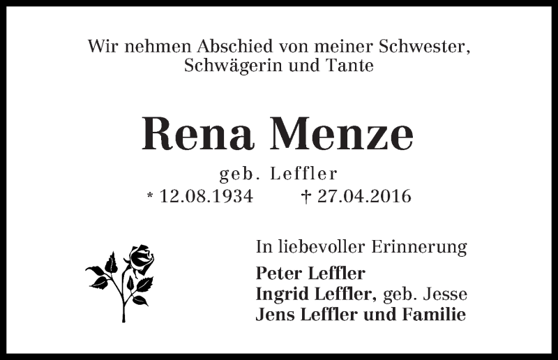 Traueranzeige von Rena Menze von WESER-KURIER