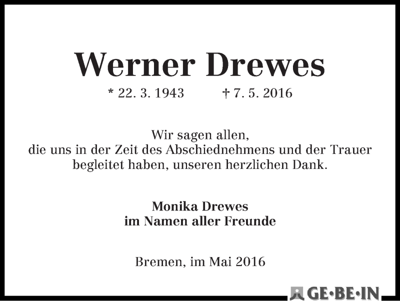 Traueranzeige von Werner Drewes von WESER-KURIER