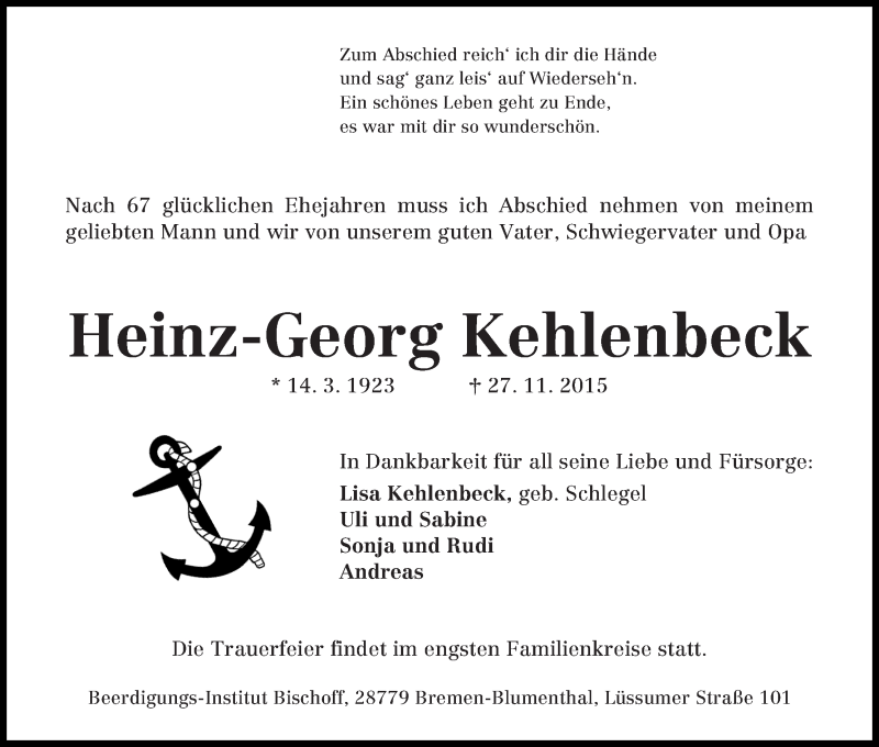 Traueranzeige von Heinz-Georg Kehlenbeck von Die Norddeutsche