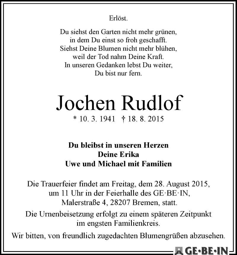 Traueranzeige von Jochen Rudlof von WESER-KURIER