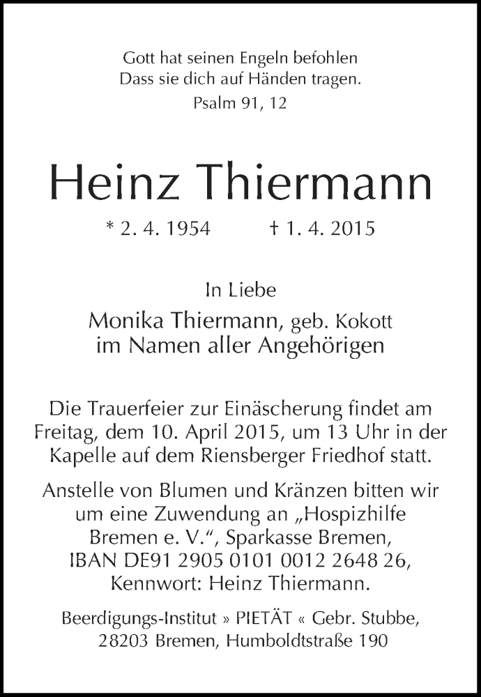 Traueranzeige von Heinz Thiermann von WESER-KURIER