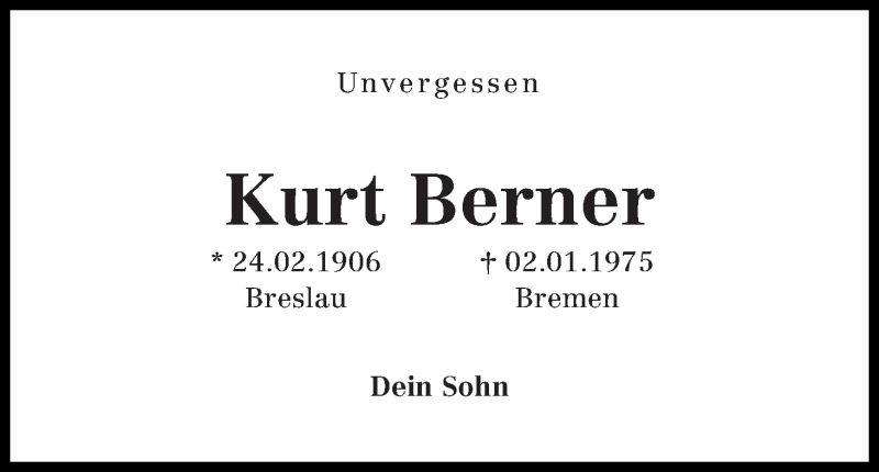 Traueranzeige von Kurt Berner von WESER-KURIER